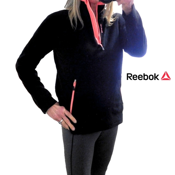 REEBOK WMNS BLK FLEECE 1/2 ZIP  ORANGE TRIM PLLOVR - Picture 2 of 6